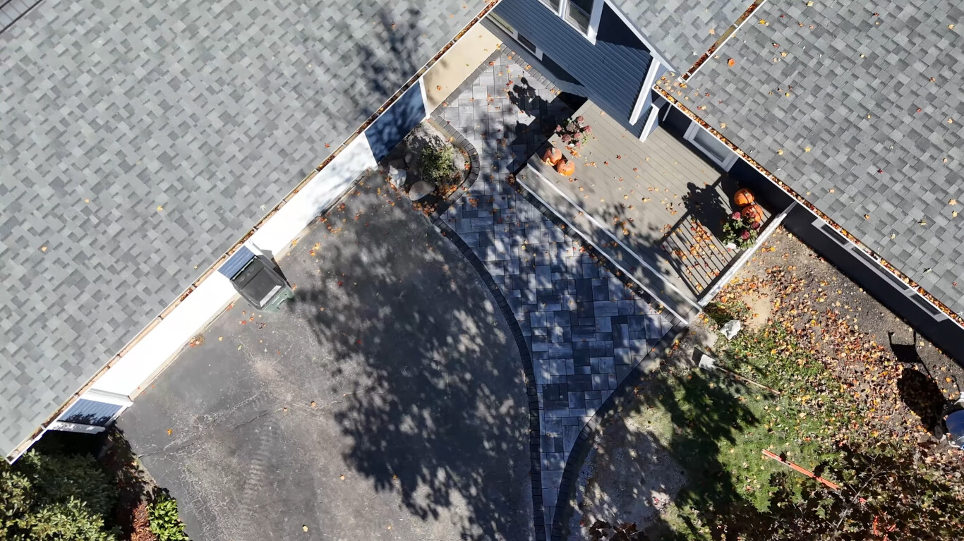 Aerial view of professionally installed stamped concrete driveway